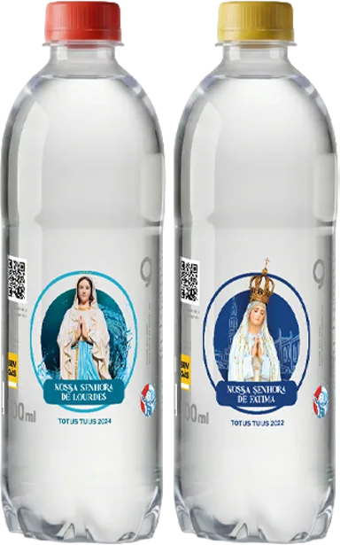 Duas garrafas Goyá 500ml da série Totus Tuus, rótulos Nossa Senhora de Lourdes e Nossa Senhora de Fátima