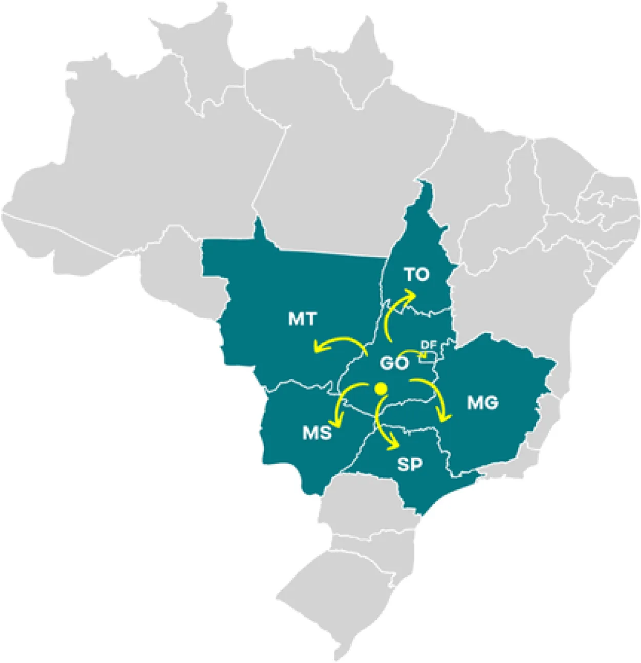 Mapa do Brasil com os estados atendidos pela Goyá: Goiás, Mato Grosso, Mato Grosso do Sul, Minas Gerais, São Paulo, Tocantins e Distrito Federal